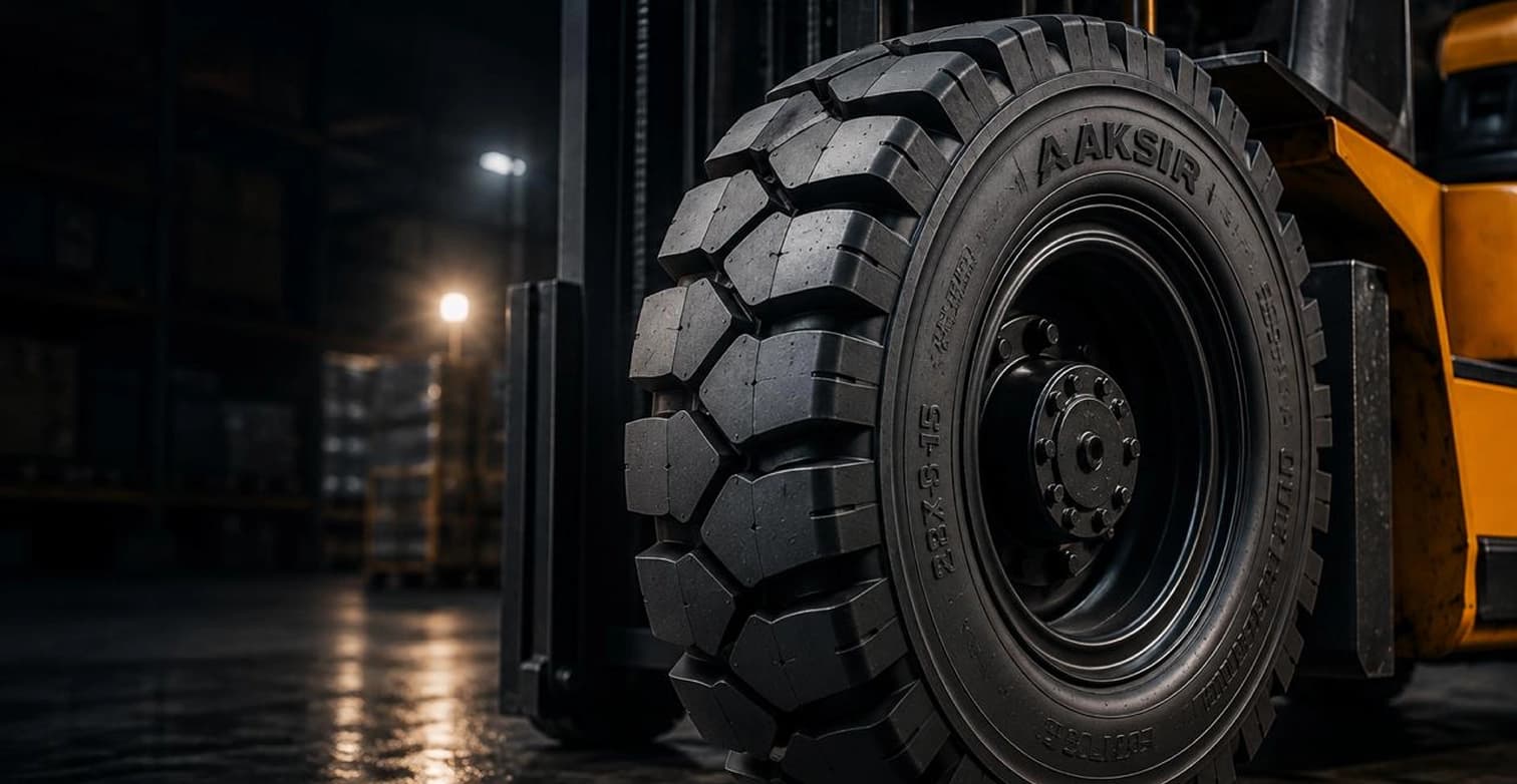 Close-up of an AKSIR solid forklift tyre in a dark warehouse