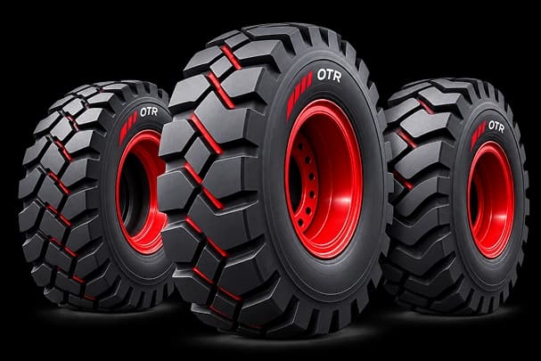 Three OTR tyres with red rims
